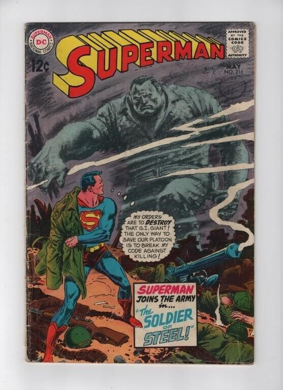 SUPERMAN #216 The Soldier of Steel, 1969, LAST 12¢ ISSUE Joe Kubert Art GD