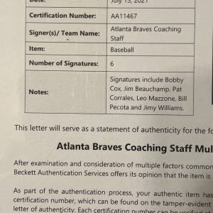 Bobby Cox & Atlanta Braves Coaching Staff Signed Baseball Beckett COA With LOA