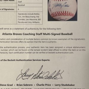 Bobby Cox & Atlanta Braves Coaching Staff Signed Baseball Beckett COA With LOA