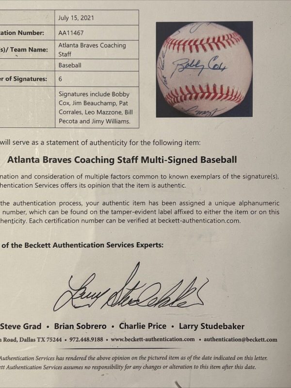 Bobby Cox & Atlanta Braves Coaching Staff Signed Baseball Beckett COA With LOA