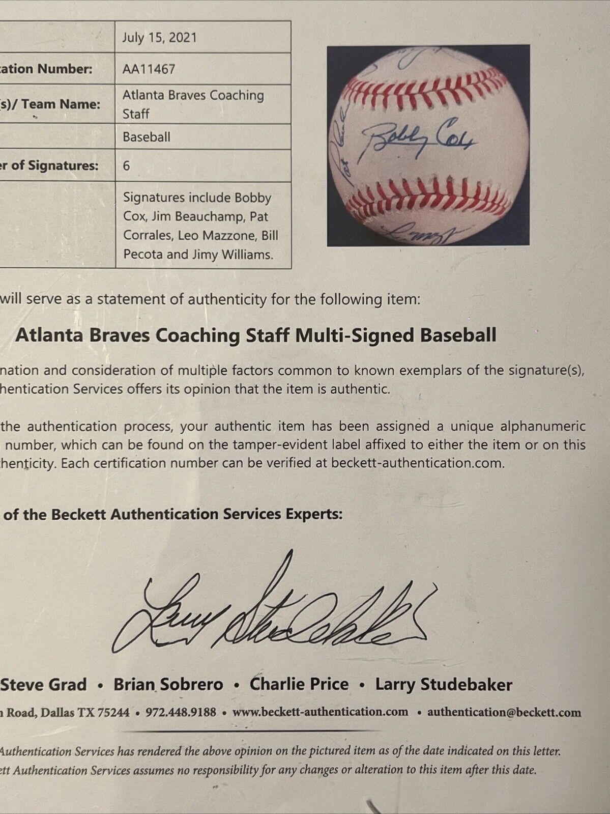 Bobby Cox & Atlanta Braves Coaching Staff Signed Baseball Beckett COA With LOA