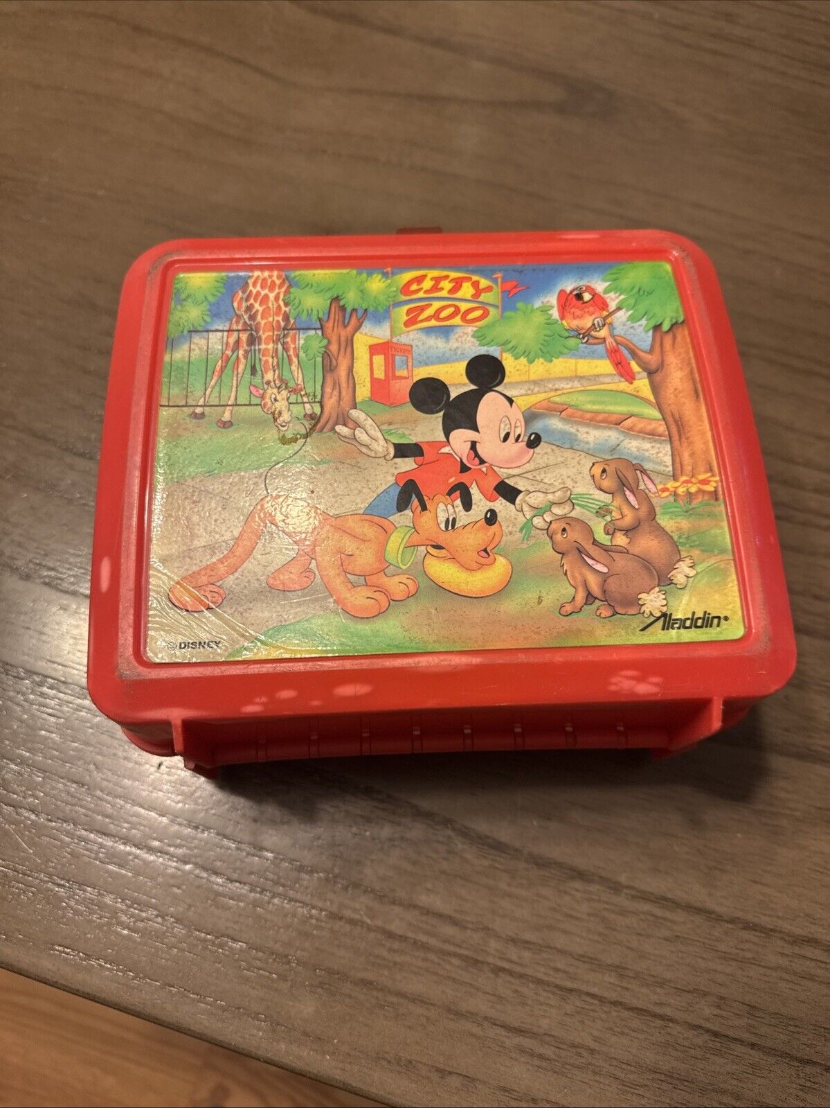 Vtg Mickey Mouse Aladdin City Zoo Disney Red Plastic Lunch Box W/ Thermos