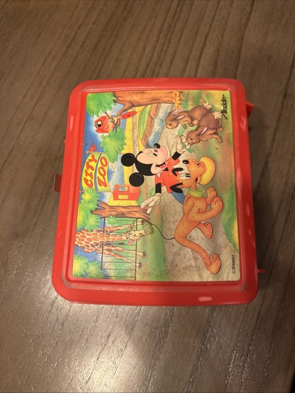 Vtg Mickey Mouse Aladdin City Zoo Disney Red Plastic Lunch Box W/ Thermos