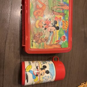 Vtg Mickey Mouse Aladdin City Zoo Disney Red Plastic Lunch Box W/ Thermos