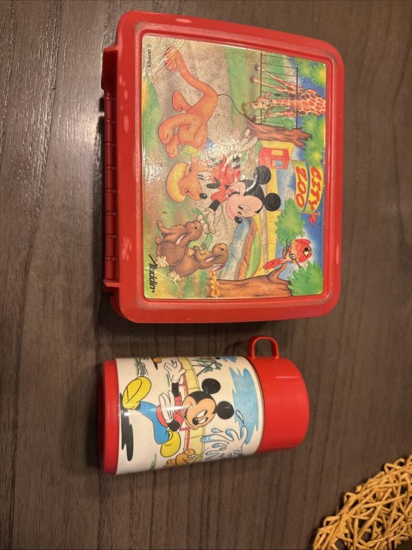 Vtg Mickey Mouse Aladdin City Zoo Disney Red Plastic Lunch Box W/ Thermos