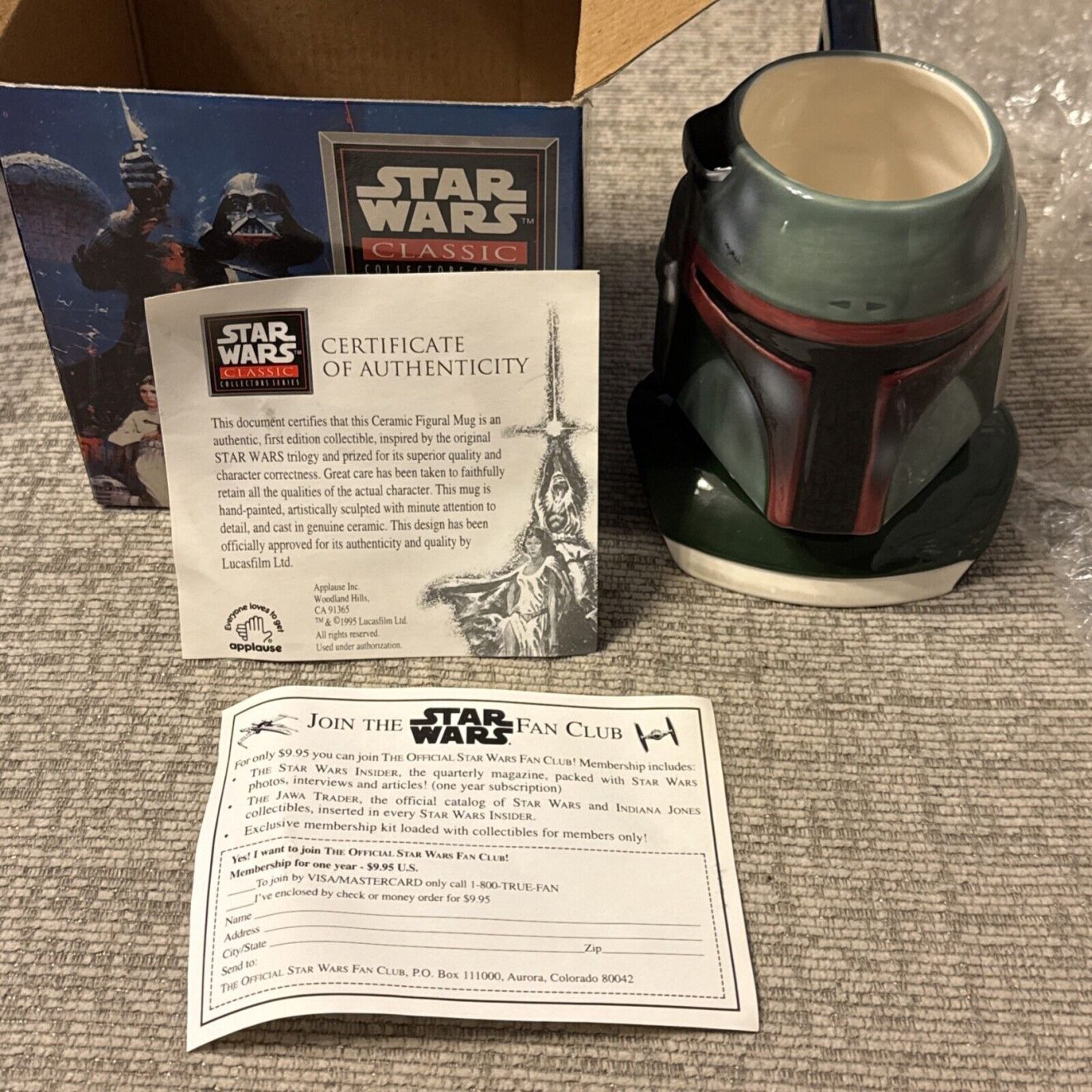 Star Wars Vintage 1995 Applause Boba Fett Classic Figural Ceramic Mug Boxed