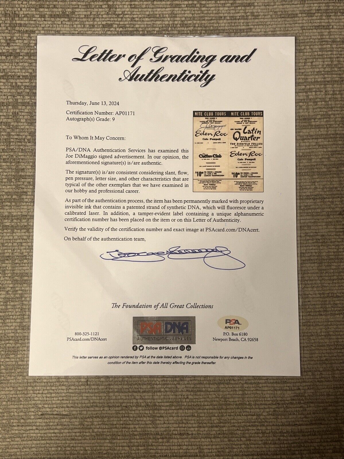 Joe DiMaggio Autographed Miami Club Advertisement PSA DNA Letter Of Authenticity
