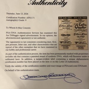 Joe DiMaggio Autographed Miami Club Advertisement PSA DNA Letter Of Authenticity