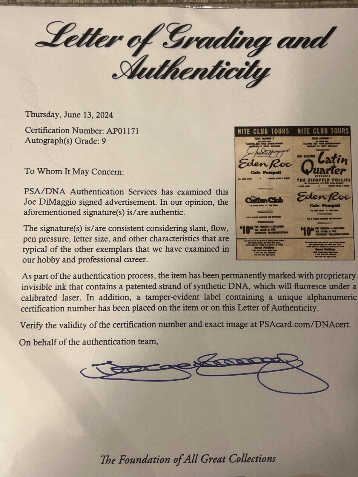 Joe DiMaggio Autographed Miami Club Advertisement PSA DNA Letter Of Authenticity