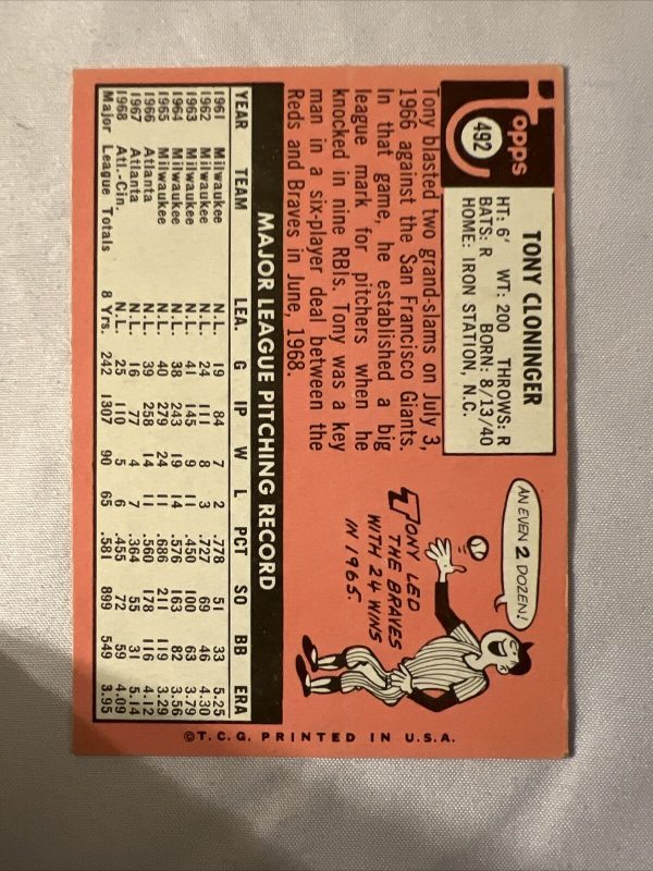 Tony Cloninger 1969 Topps Cincinnati Reds #492 Set Break - Great Condition!