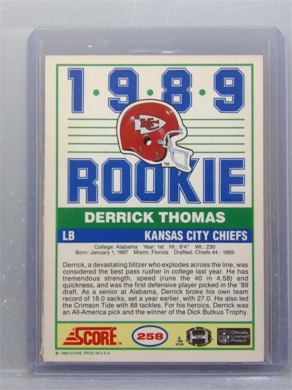 1989 Score DERRICK THOMAS Rookie RC #258 Centered *Chiefs* NRMT-MT+