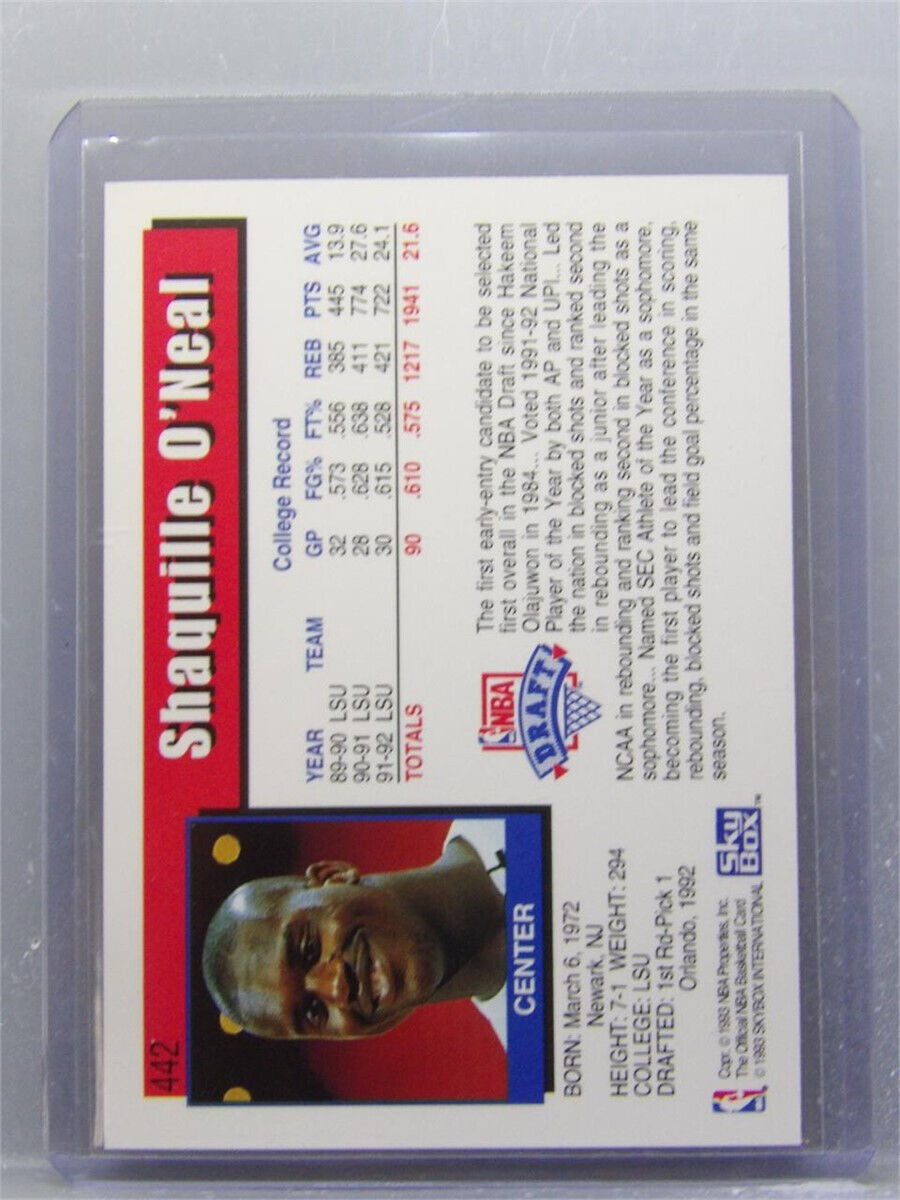 1992-1993 NBA Hoops Shaquille O'Neal RC #442 Orlando Magic Hall Of Fame Center