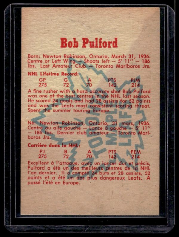1959-60 BOB PULFORD #28 Parkhurst NM-MT Toronto HALL OF FAME MINT!