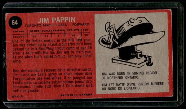 Tall Boy Sale 1964 Topps Hockey 64 Jim Pappin high number RC Rookie Card