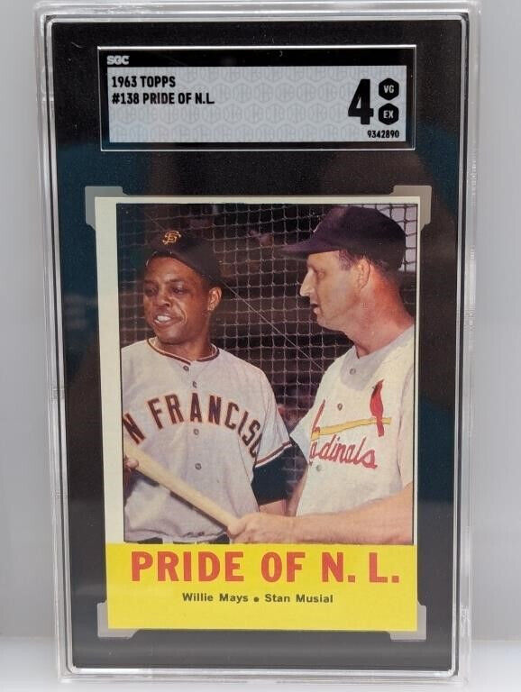 1963 Topps #138 Stan Musial, Willie Mays Pride of NL SGC 4 EX Nice!