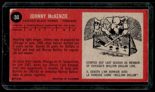 1964-65 TOPPS TALL HOCKEY #30 JOHN MCKENZIE VG-EX CHICAGO BLACK HAWKS Card