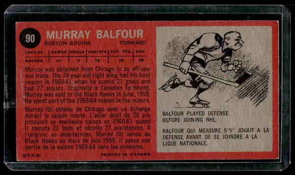 1964-65 TOPPS TALL BOYS NHL HOCKEY #90 Murray Balfour EX BOSTON BRUINS Card