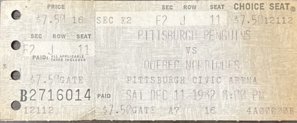 penguins vs nordiques 1982 dec 11 ticket