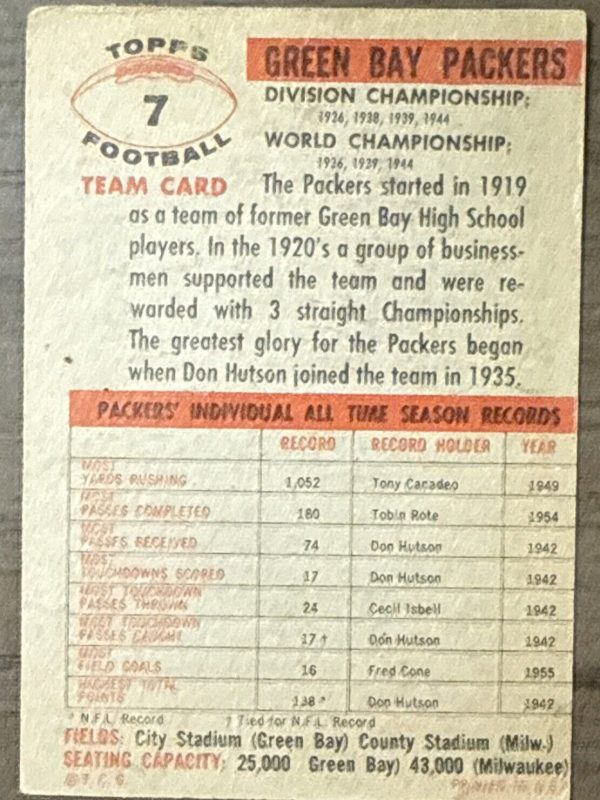 1956 TOPPS FOOTBALL #7 GREEN BAY PACKERS TEAM JIM RINGO HOF NICE!!