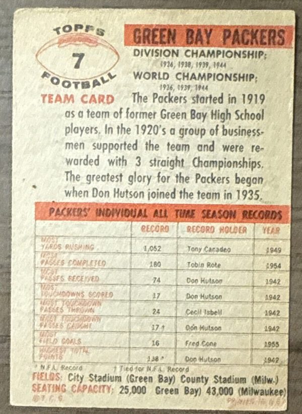 1956 TOPPS FOOTBALL #7 GREEN BAY PACKERS TEAM JIM RINGO HOF NICE!!