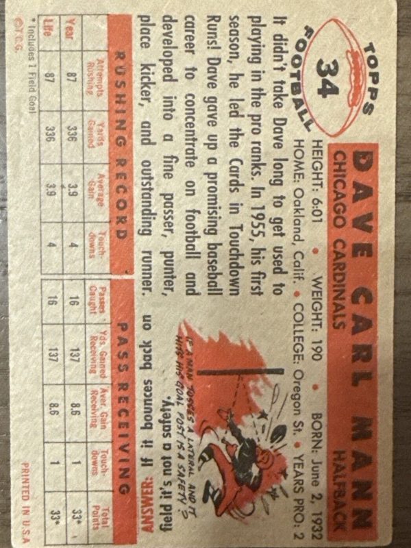 1956 Topps DAVE MANN #34 EX *great football card for set*