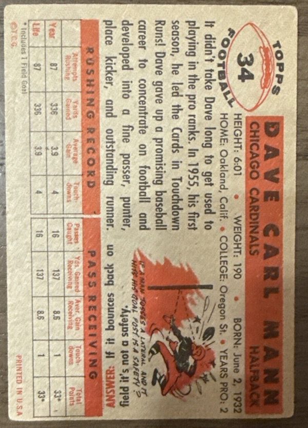 1956 Topps DAVE MANN #34 EX *great football card for set*