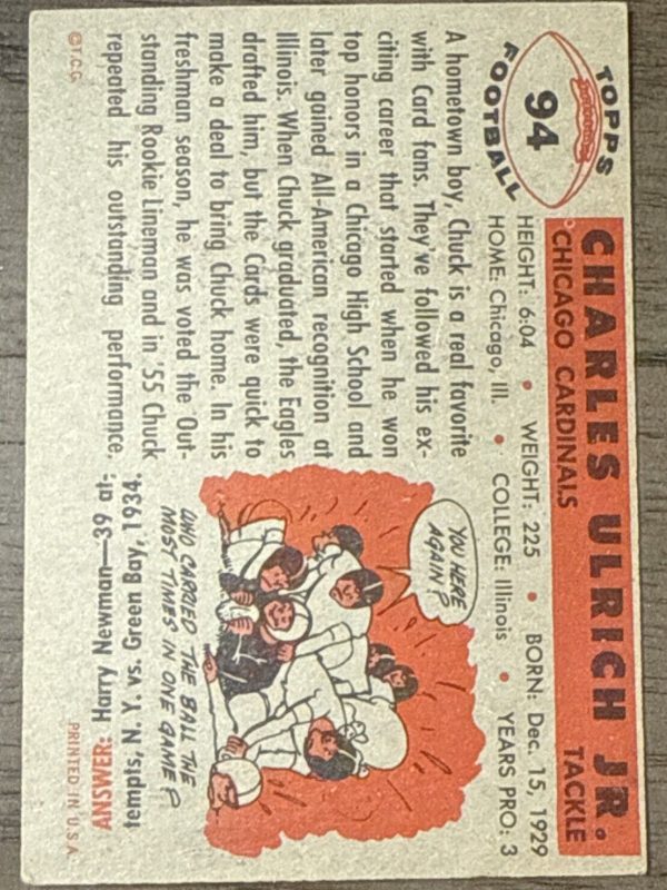 1956 TOPPS FOOTBALL #94 CHUCK ULRICH CHICAGO CARDINALS SP EX SET BREAK