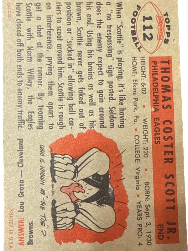 1956 Topps Tom Scott Football Card. #112 Philadelphia Eagles....