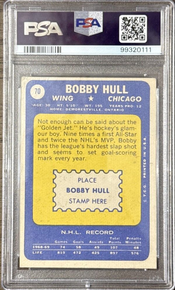 BOBBY HULL 1970-71 TOPPS #15 SIGNED AUTO PSA 7 AUTHENTIC THE GOLDEN JET! (HOF)