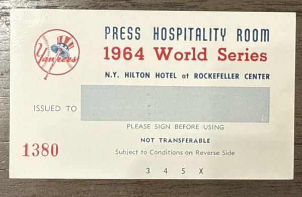 Yankees 1964 World Series Press Hospitality Room Ticket NY Mickey Mantle MINT