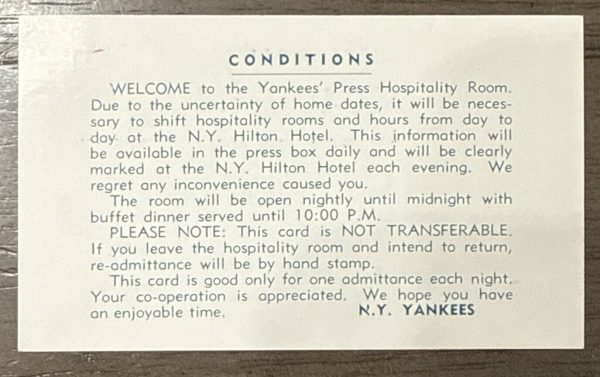 Yankees 1964 World Series Press Hospitality Room Ticket NY Mickey Mantle MINT