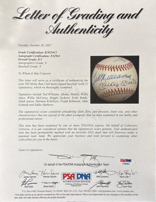 500 Home Run Club Multi-Signed Baseball, PSA/DNA NM-MT+ 8.5 Mantle, Mays & More!