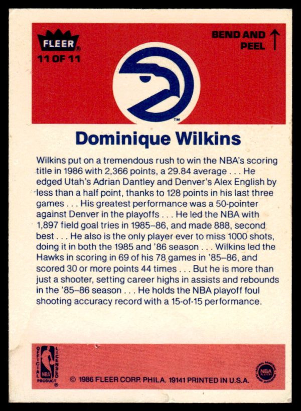 1986-87 Fleer Sticker Set-Break # 11 Dominique Wilkins NM