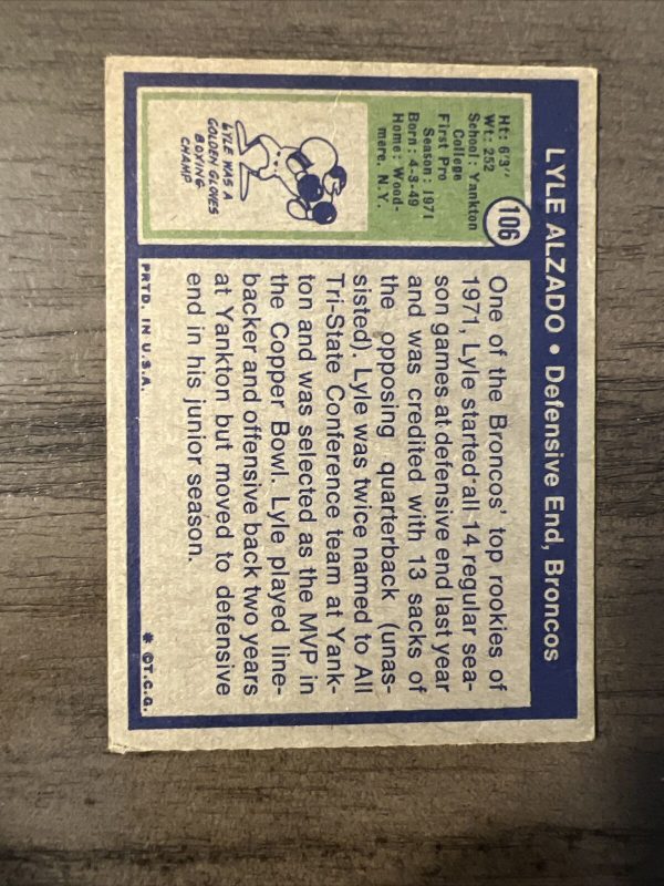 1972 Topps #106 Lyle Alzado Rookie Card Error Card Excellent Condition
