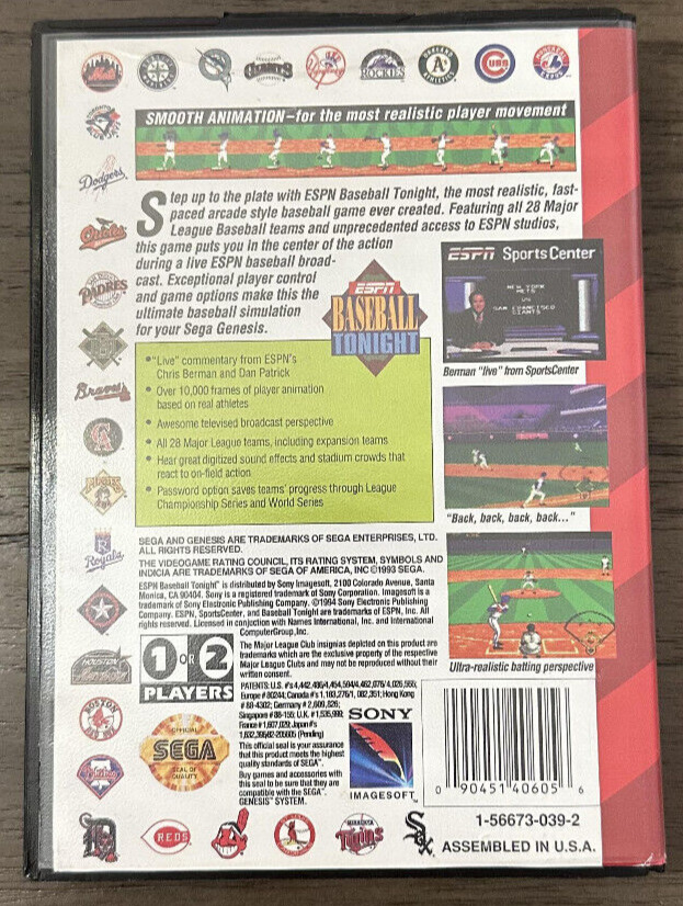 ESPN Baseball Tonight Sega Genesis Tested Video Game Ships Fast!