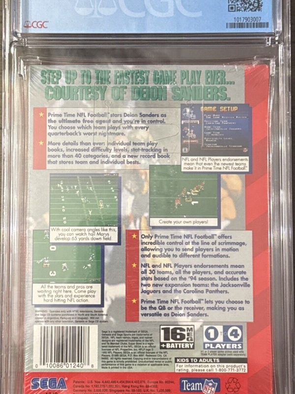NFL Prime Time Football w/ Deion Sanders Sega Genesis Video Game CGC Graded 9.4