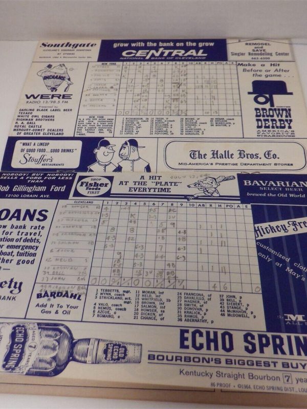 1964 CLEVELAND INDIANS PROGRAM SCORECARD VS NEW YORK YANKEES MANTLE MARIS RARE