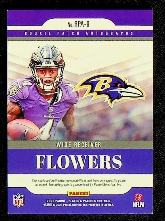 ZAY FLOWERS RPA Panini Plates & Patches RC Rookie Patch Autograph Purple #/50