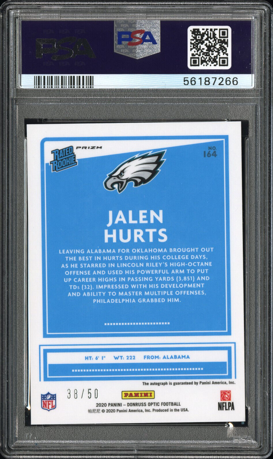 2020 Optic JALEN HURTS Red Rookie Auto /50 On Card Auto PSA 9 #164 Eagles