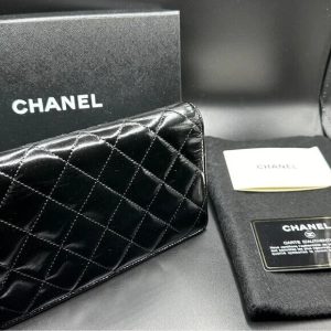 Chanel Classic Long Flap Wallet Black Quilted Lambskin with card and box