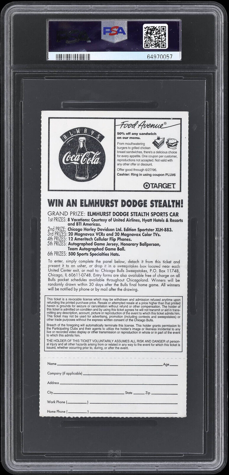 1996 NBA Finals Game 2 Bulls Ticket Michael Jordan 4th MVP/Trophy PSA