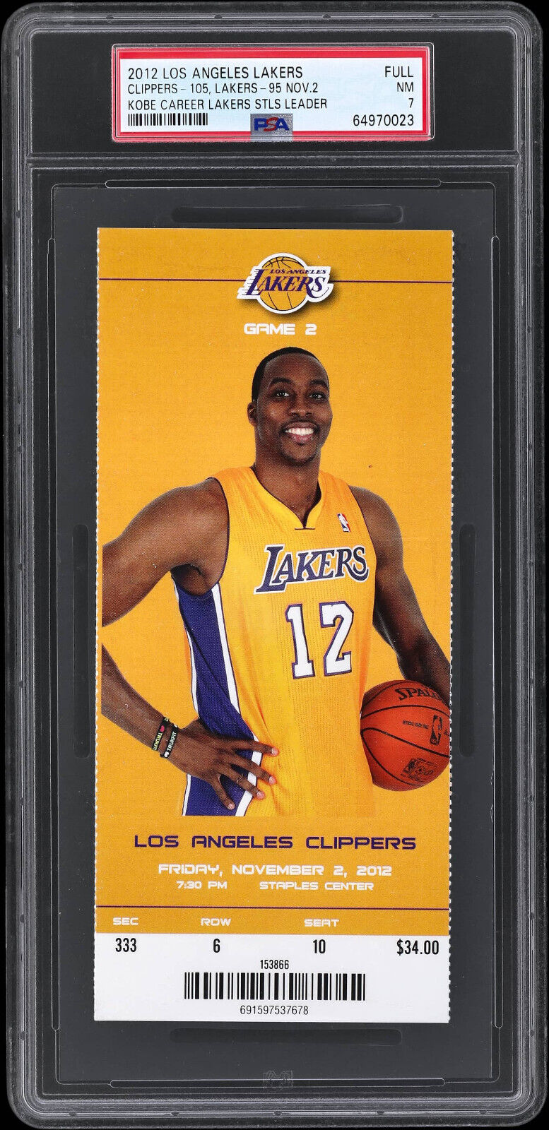 Nov. 2, 2012 - Kobe Bryant Becomes Lakers Career Steals Leader Full Ticket PSA 7