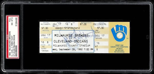 1992 BREWERS Robin Yount Signed Full Ticket 3000th Hit PSA 8 NM-MT Auto