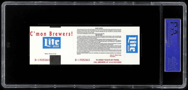 1992 BREWERS Robin Yount Signed Full Ticket 3000th Hit PSA 8 NM-MT Auto