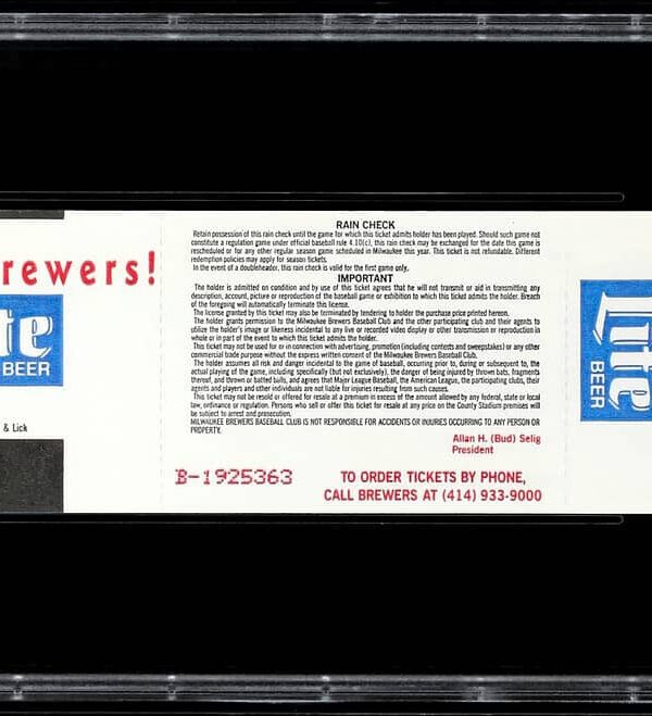 1992 BREWERS Robin Yount Signed Full Ticket 3000th Hit PSA 8 NM-MT Auto