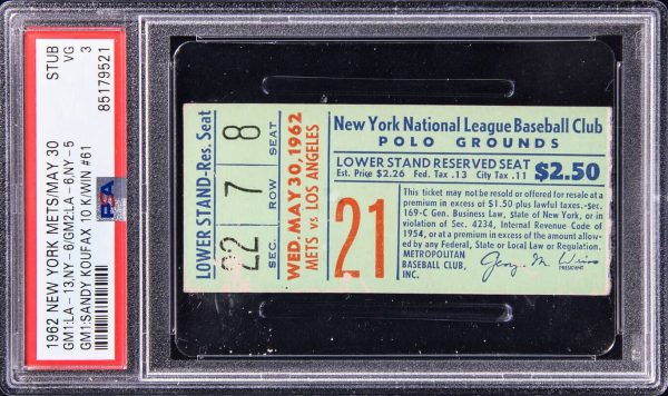 SANDY KOUFAX WIN #61 GIL HODGES 3HRS #367-369 MAURY WILLS 2HRS 1962 TICKET PSA 3