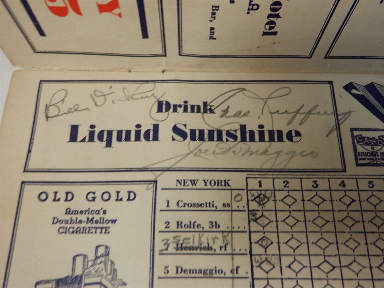 JOE DIMAGGIO RED RUFFING LEFTY GOMEZ & BILL DICKEY SIGNED 1940 Scorecard YANKEES