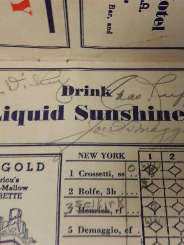 JOE DIMAGGIO RED RUFFING LEFTY GOMEZ & BILL DICKEY SIGNED 1940 Scorecard YANKEES