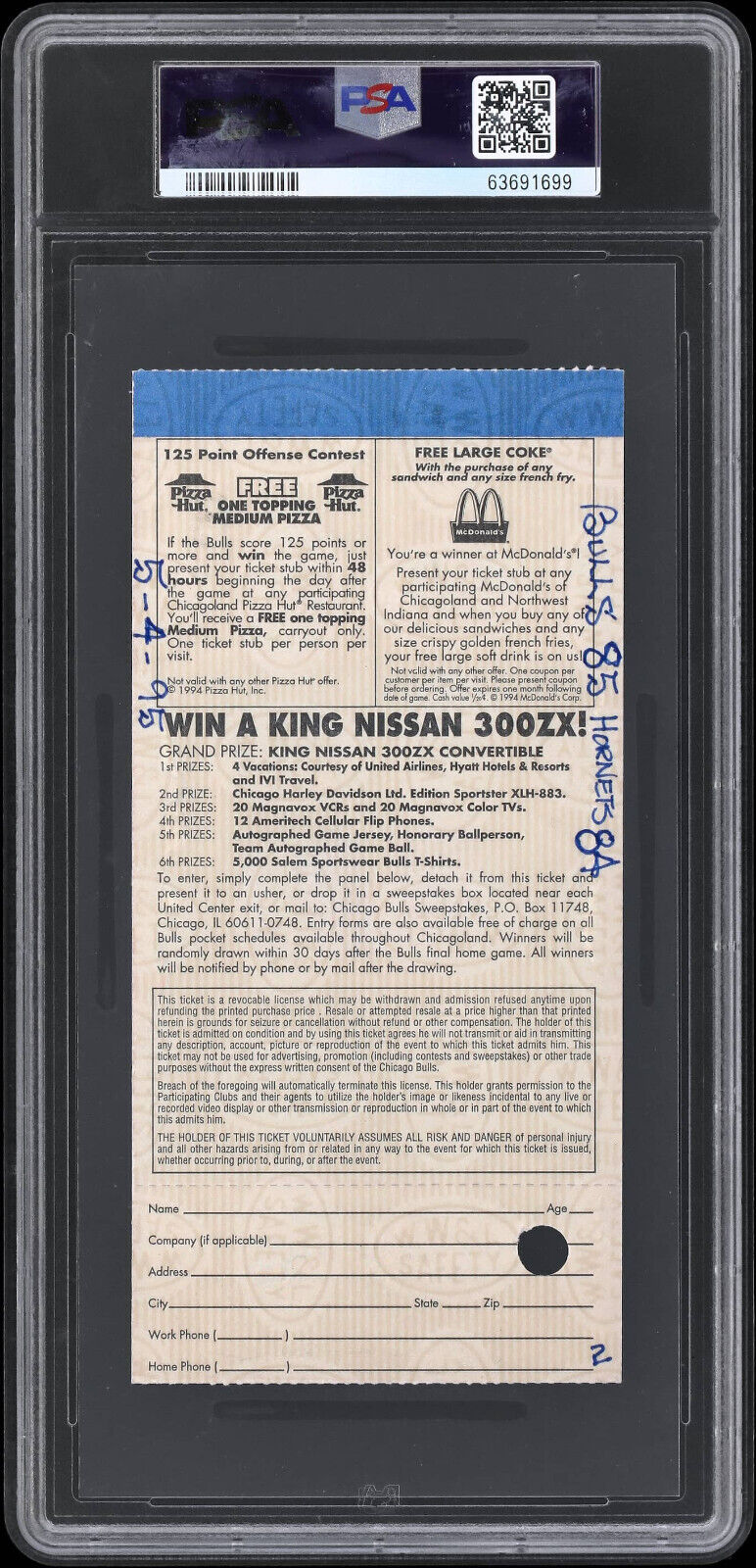1995 Michael Jordan 1st/Only Playoff Series Win Wearing #45 Ticket Stub PSA