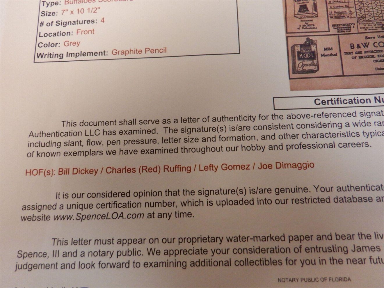 JOE DIMAGGIO RED RUFFING LEFTY GOMEZ & BILL DICKEY SIGNED 1940 Scorecard YANKEES